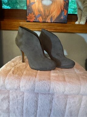 Gray Suede High-Heel Ankle Booties